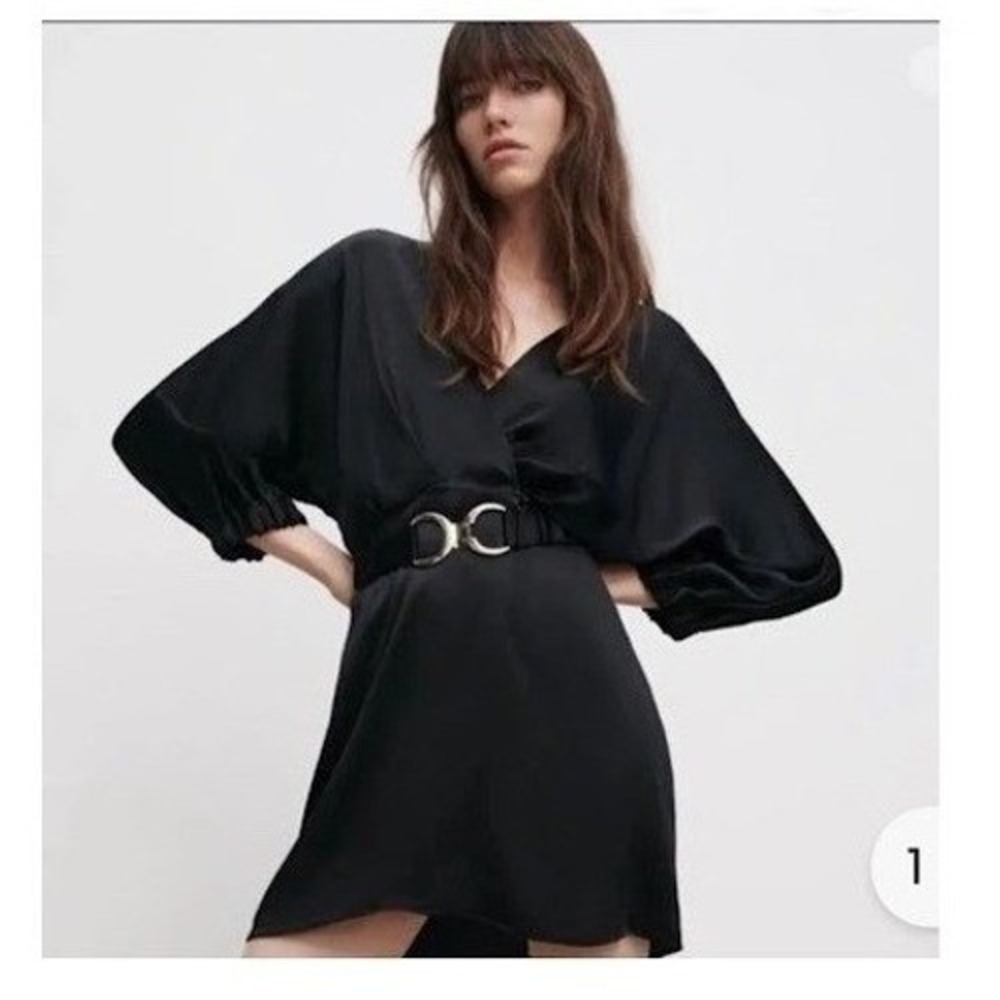 Zara Black Mini Dress Long Sleeve Goth Witchy Gold Buckle Size S